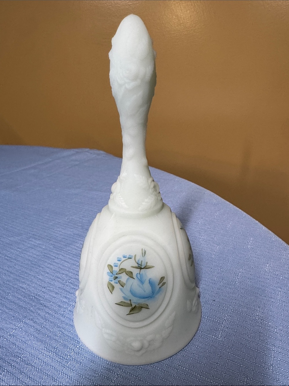 Fenton Blue Custard Roses Bell Hand Painted Artist Signed Kay C